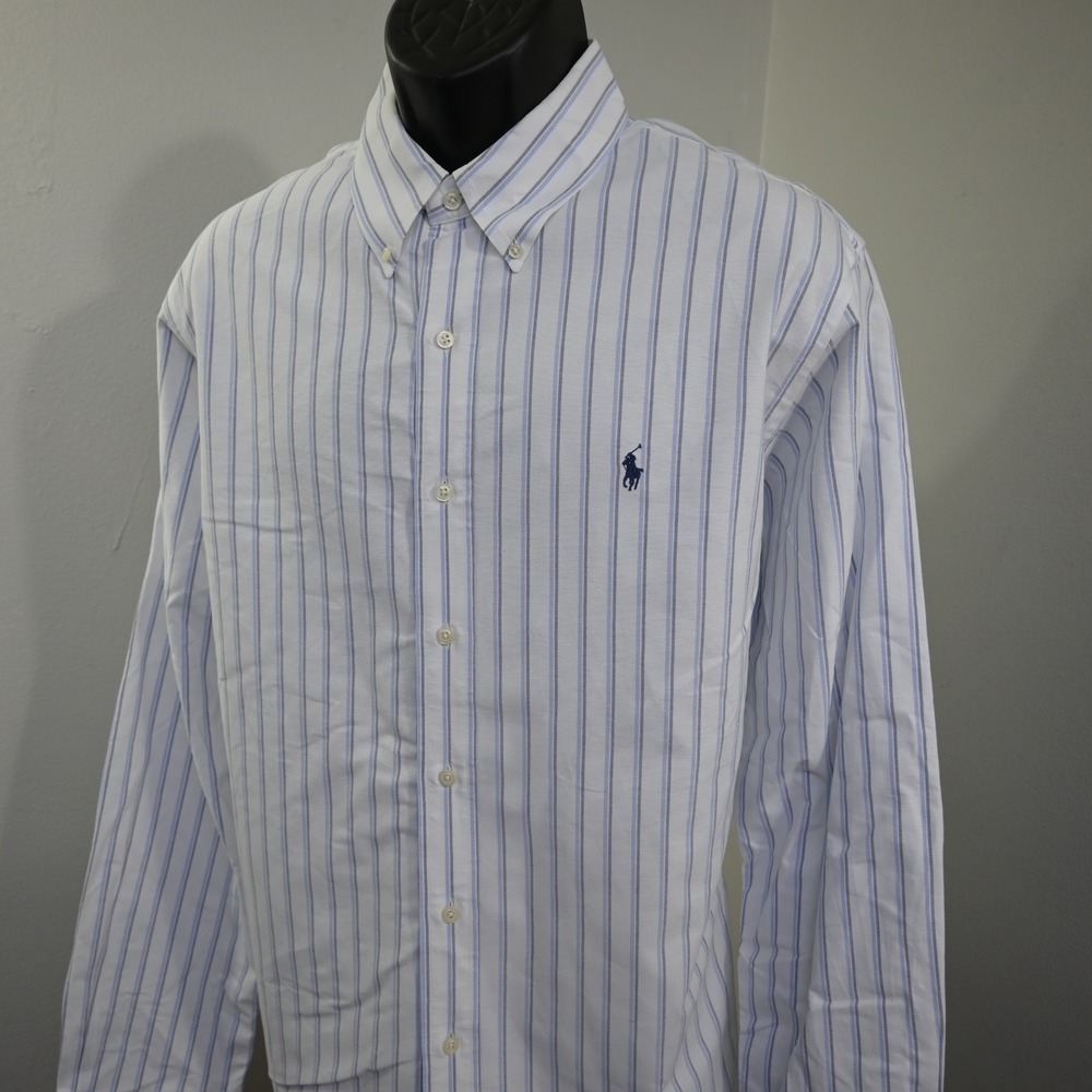 Polo Ralph Lauren Button Up Dress Shirt Mens XL Custom Fit White Blue Striped